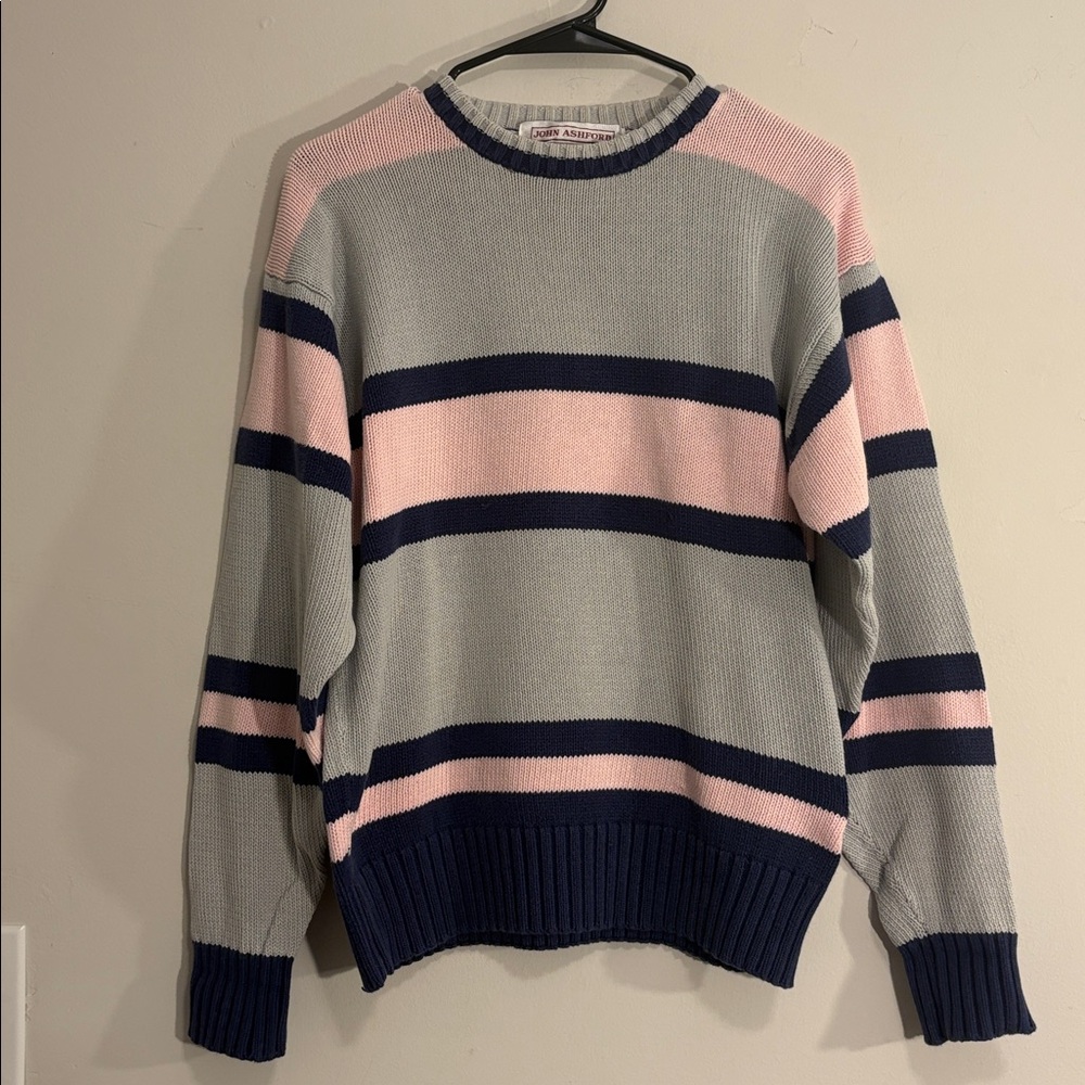 Baby Pink + Navy Stripe Grandpa 100% Cotton Vintage Sweater